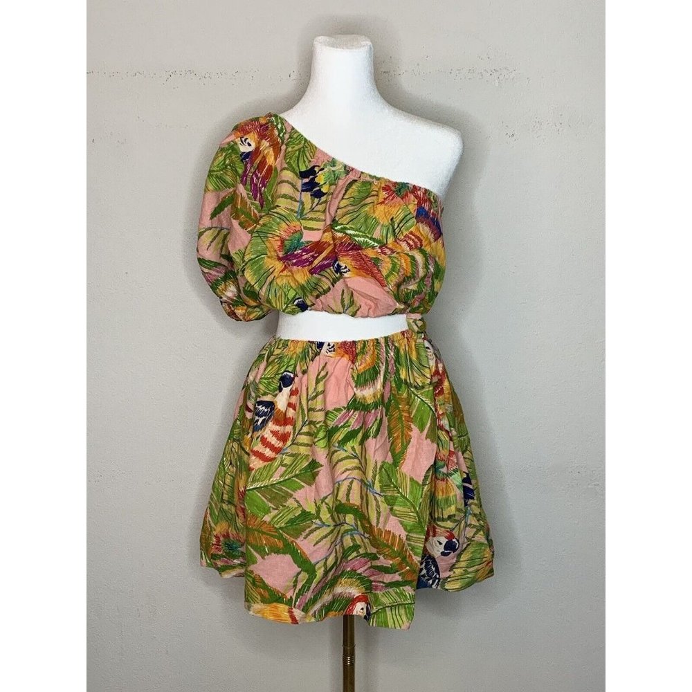 FARM Rio One Shoulder Dress - Green and Pink Tropical Print